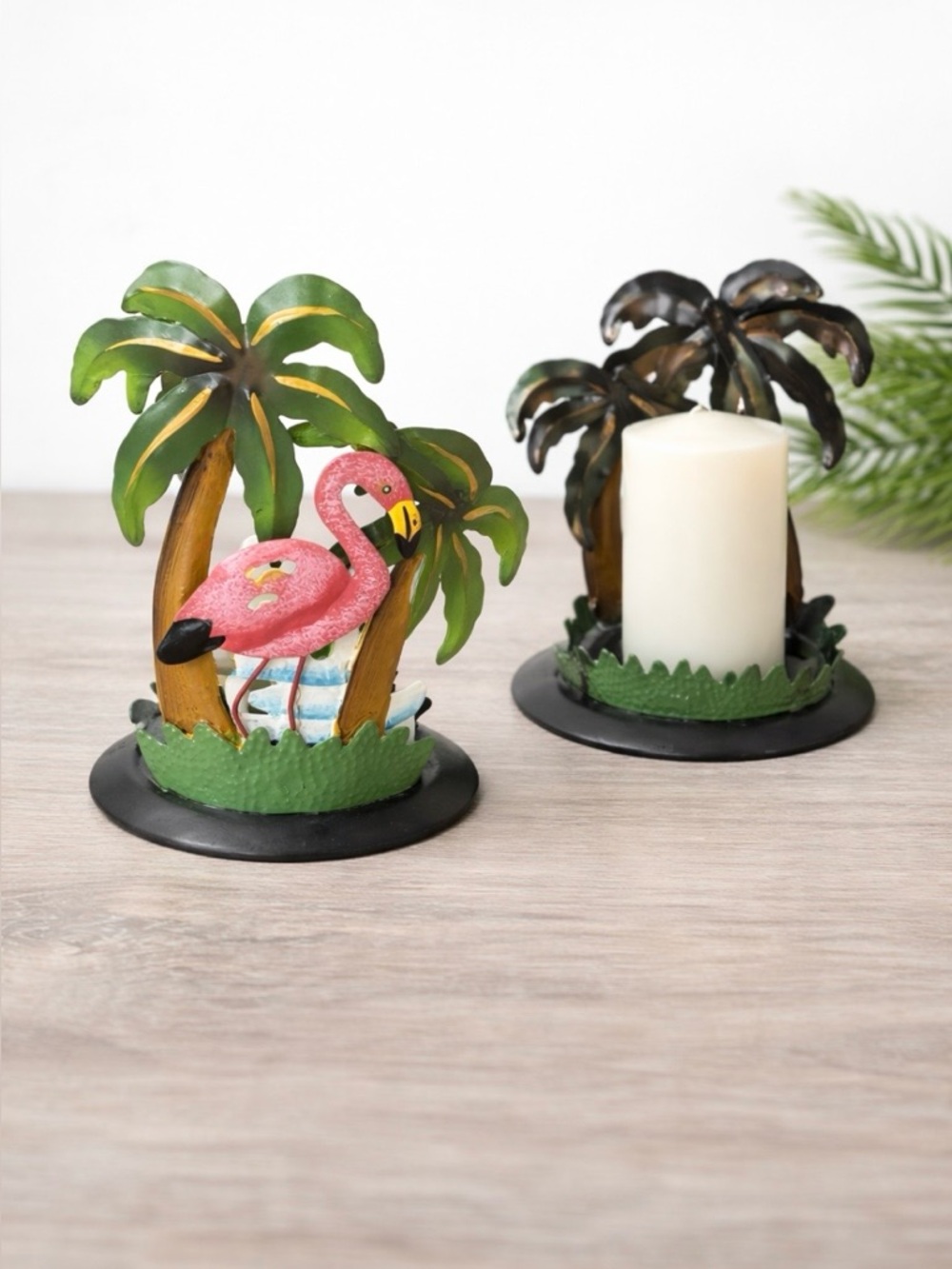 Pink Flamingo and Palm Tree candle holder